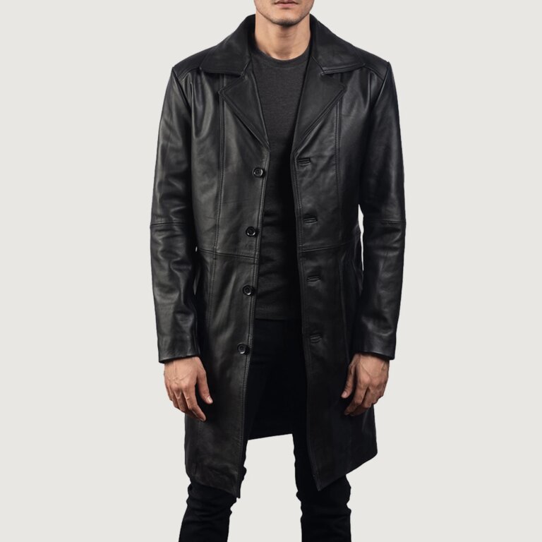 Mens Don Long Black Leather Coat Open Front-4-1718117750806